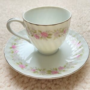 Dansico Vintage Floral Teacup & Saucer – Pink Roses, Silver Trim